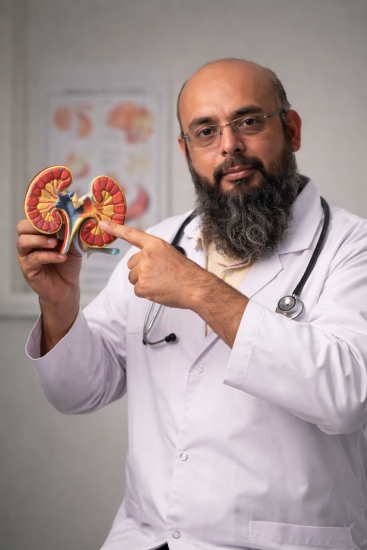Doctor presenting kidney model.